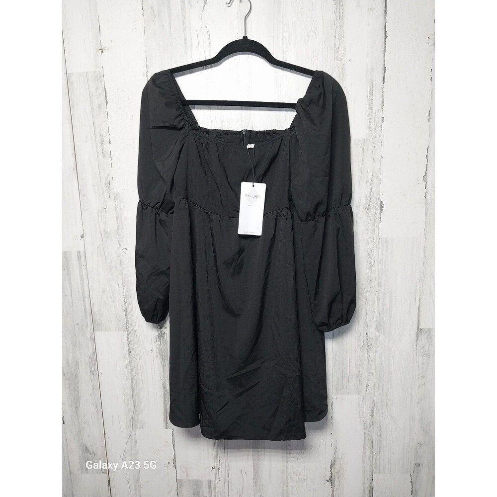 EXLURA Womens Square Neck Dress Long Puff Sleeve A-Line Casual Black Medium